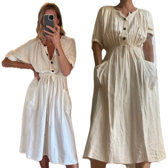 Zara Dresses & Skirts - Zara Ecru Off White Cream Button Up Down Drawstring Pocket Linen Midi Dress